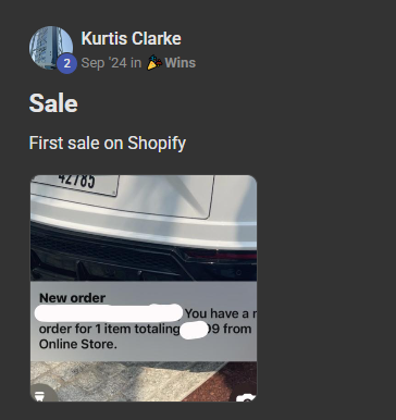 Kurtis Clarke, first sale on Shopify